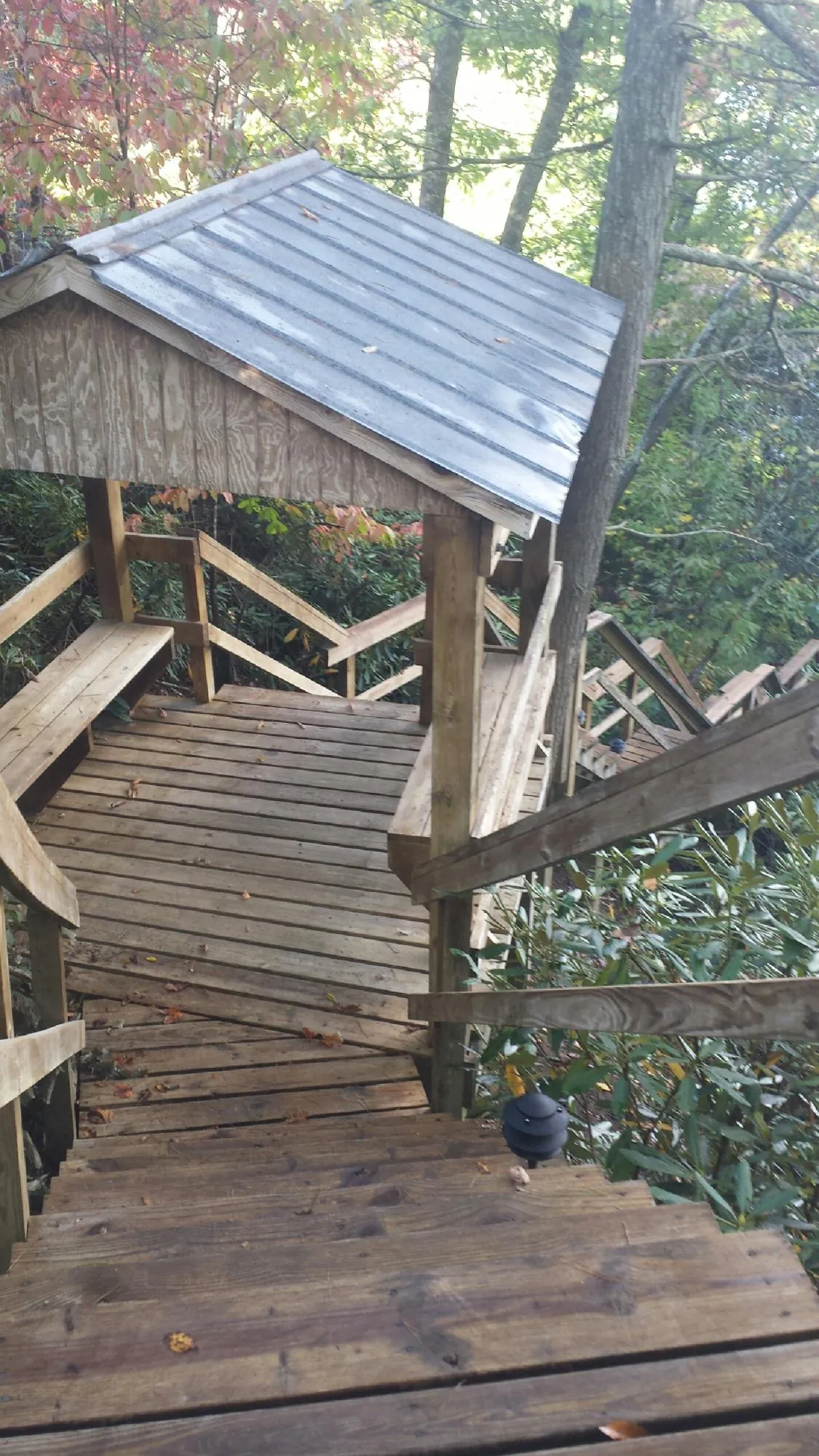 Metal roofed shelter over wooden steps on a wooded walkway — Skylight Repair & Installation work by our crew in Battle Lake